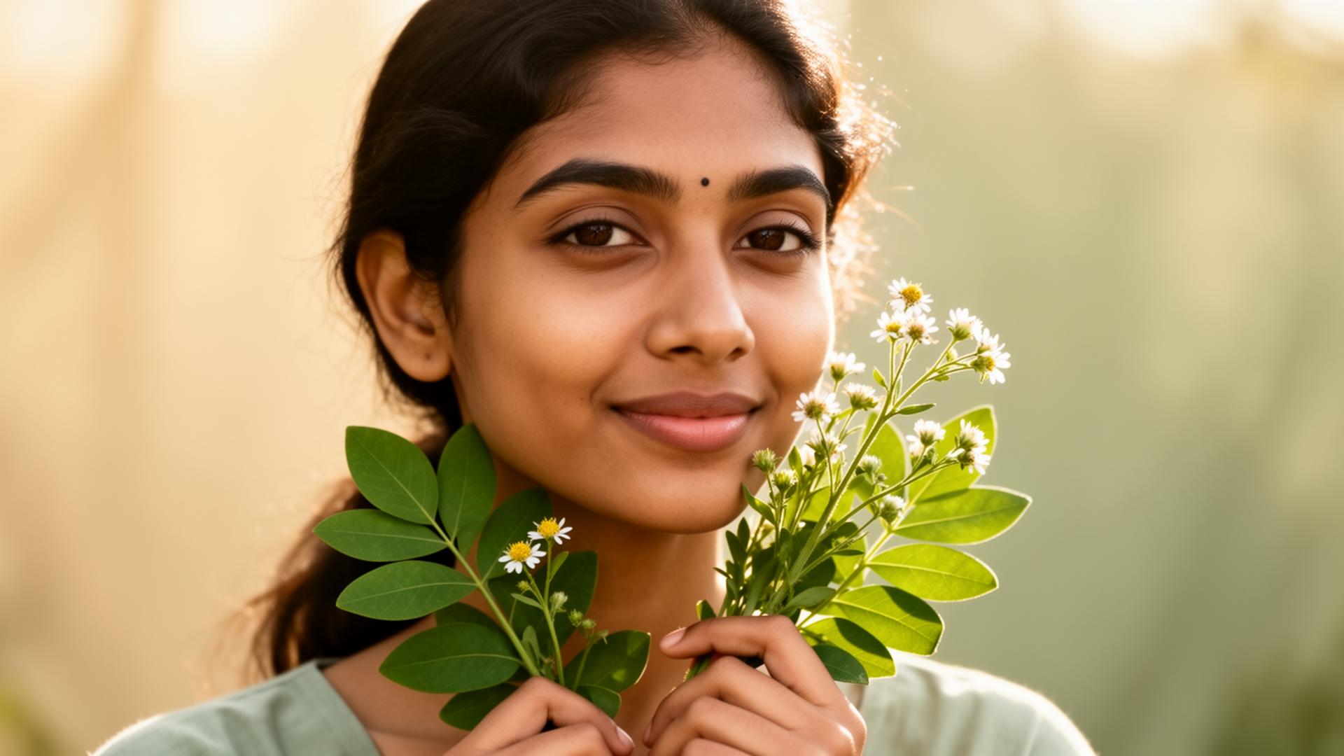 Young woman holding fresh leaves and flowers in soft natural light
